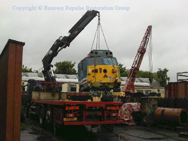 50037's cab is seen being moved into a more convenient position on the SRPS site at Boness